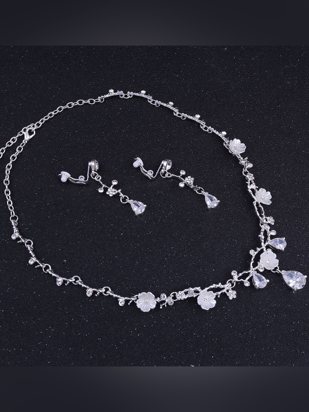 Silver Floral Crystal Necklace and Drop Earrings Set - Elegant Wedding Jewelry